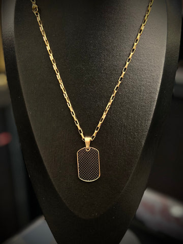 Chaîne Dorée avec Plaque Militaire Carbone Noir &amp; Doré